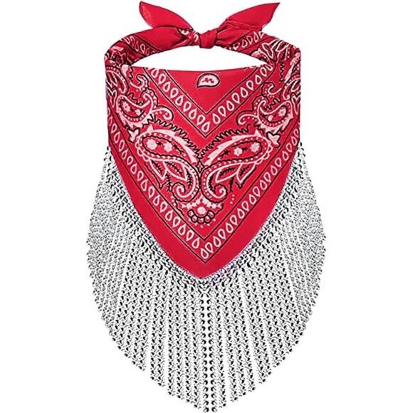 Red Paisley Bandana Scarf with Rhinestone Fringe – Western Festival Accessory - Picture 1 of 6